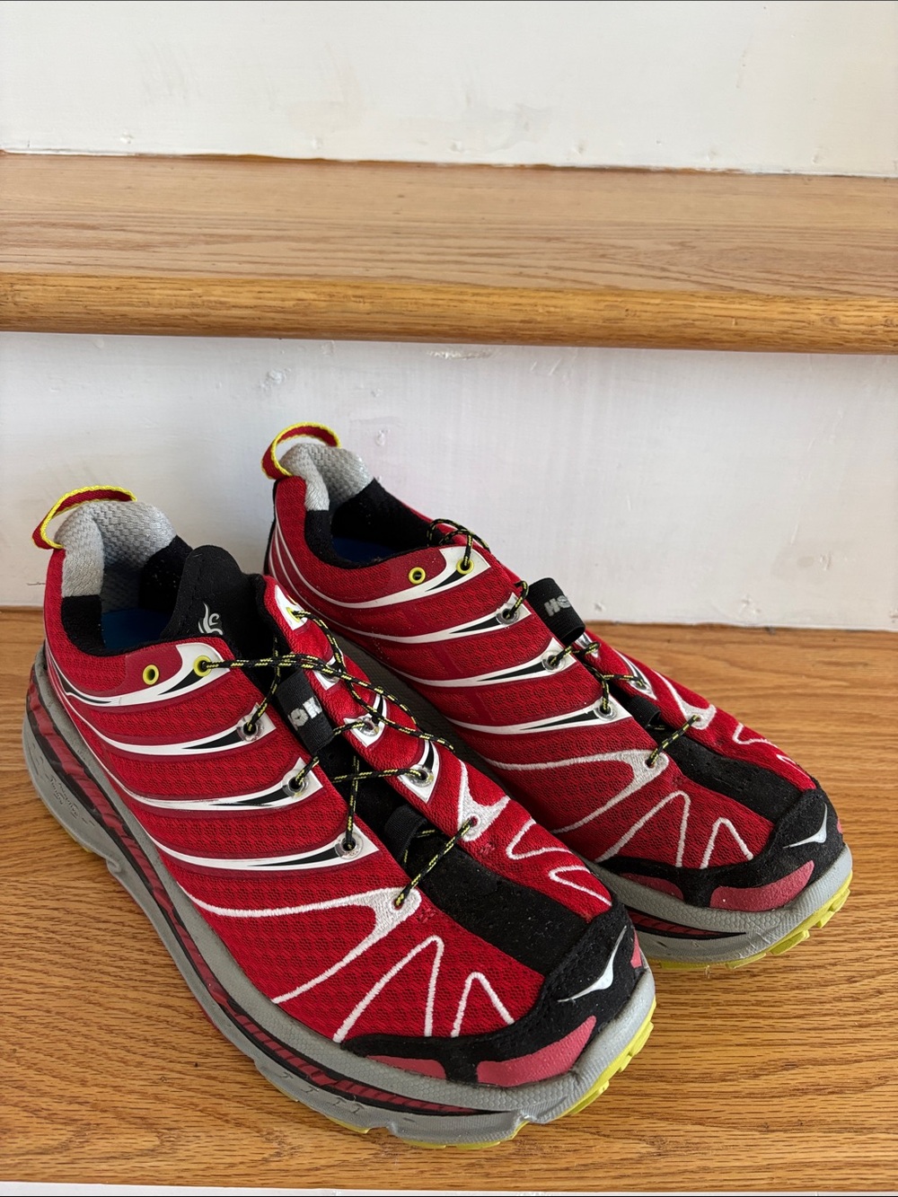 Hoka One One Red Black Athletic Shoes with Yellow Accents